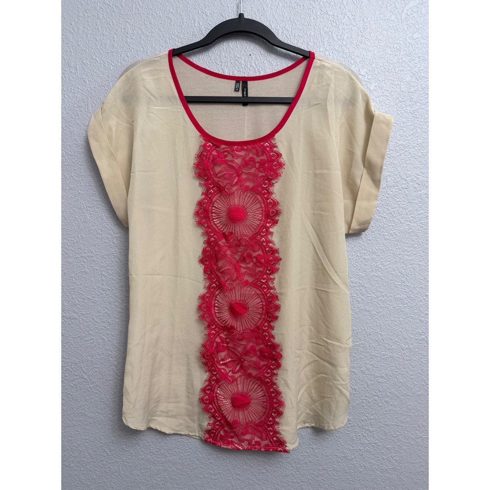 Maurices Womens Small Cream Red Lace Medallion Scoop Neck Cuffed Sleeve Blouse